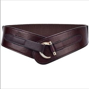 Wide Leather Belt Hook Buckle Wide Waist Stretch Dark Brown Belt